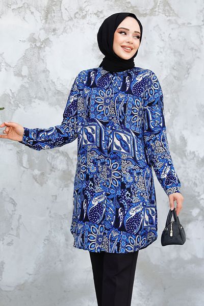 Neva Style تونيك حجاب منقوش باللون الأزرق الساكس - 11725SX