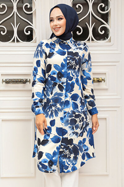 Neva Style Navy Blue Patterned Hijab Tunic - 11693L