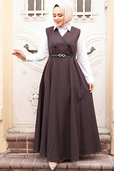 N.S NEVA STYLE Dark Brown Hijab Gilet Dress 30284Kkh