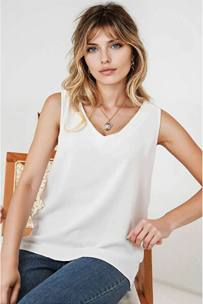 hazelin Women's White V-Neck Zero Sleeve Blouse Hzl25S-Bd19501