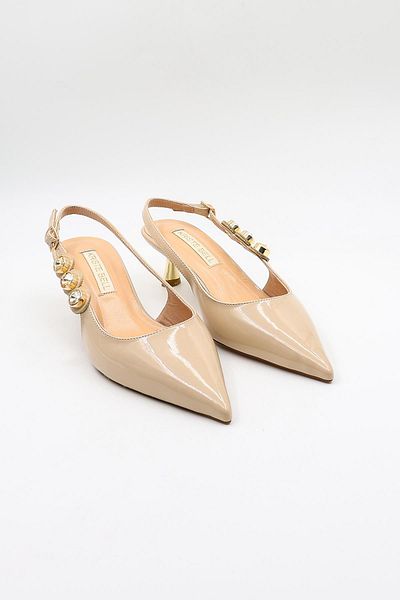 KRISTE BELL Women's Buckle Stone Detailed Classic Heeled Shoes Kb50305030 Beige Patent Leather