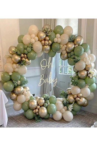 BALON DİYARI طقم سلسلة بالونات متنوعة من 25 قطعة، 10 باللون الأخضر الطحلبي، 5 باللون الذهبي المعدني و10 بلون رمل البحر