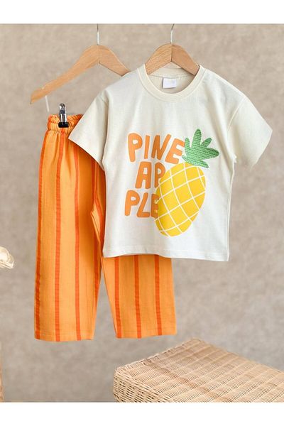 anonim Unisex Kids Cotton Ecru Pineapple Slogan T-Shirt and Striped Bermuda Bottom Top Set