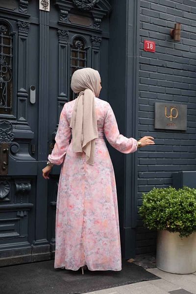 Neva Style Rochie hijab pudra cu modele florale 279904 PD