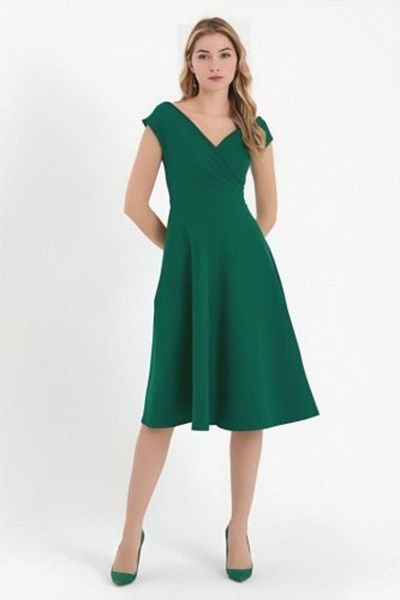 Mossta Off Shoulder Flounce Crepe Dress - Green