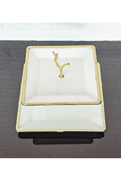 atabey home Porcelain Square Casting Gold Frame 2-Layer Cookies Bowl Simple 22+27 cm