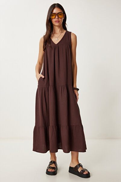Lovelyİstanbul Volanlı Yazlık Müslin Elbise KAHVERENGİ LMX0087