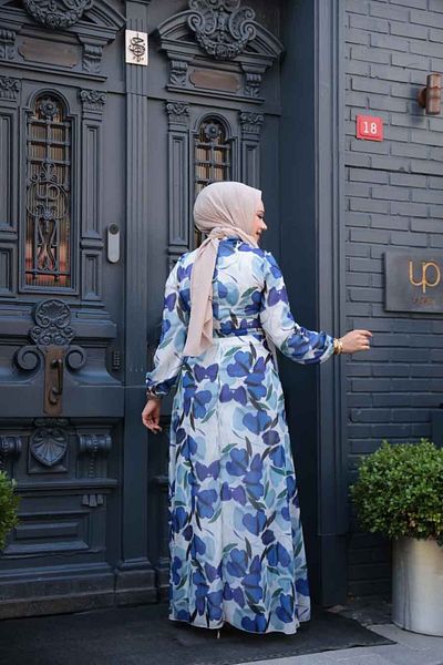 Neva Style Floral Patterned Sax Blue Hijab Dress 279901 Sx