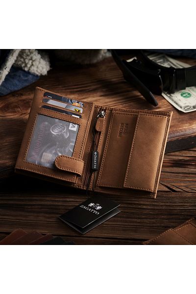 zagatto Ertical Slim Men's Wallet, Cognac Leather, Rfid, 7 Card Slots, 3 Id Windows, Handmade, Zg-n4-f10