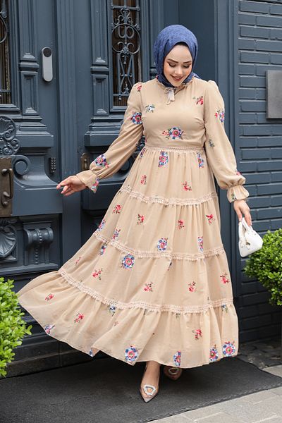 Neva Style Floral Patterned Beige Hijab Dress (32816Bej)