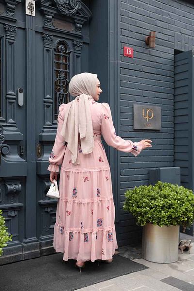 Neva Style Floral Patterned Powder Hijab Dress 32816Pd