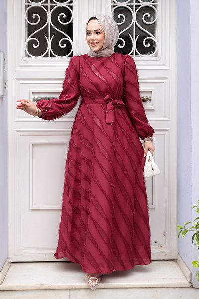 N.S NEVA STYLE Λεπτομερές Ζακάρ Μπορντό Φόρεμα Hijab 23262BR