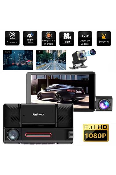MaGeCa Triple Dash Camera, Full Hd 1080p, 3 Cameras, Front Interior Rear View, Black