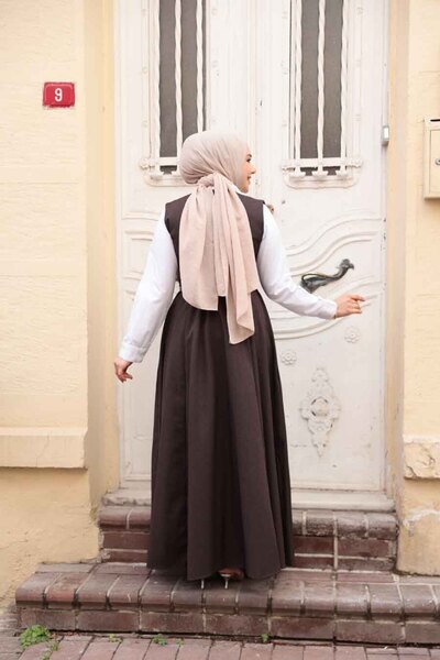 N.S NEVA STYLE Dark Brown Hijab Gilet Dress 30284Kkh