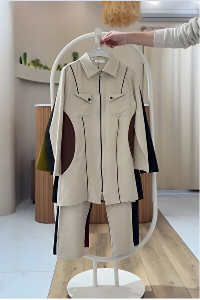 tomıross Merve Kadın Trend Ortadan Fermuarlı Gömlek Pantolon Takım MERVE-6547