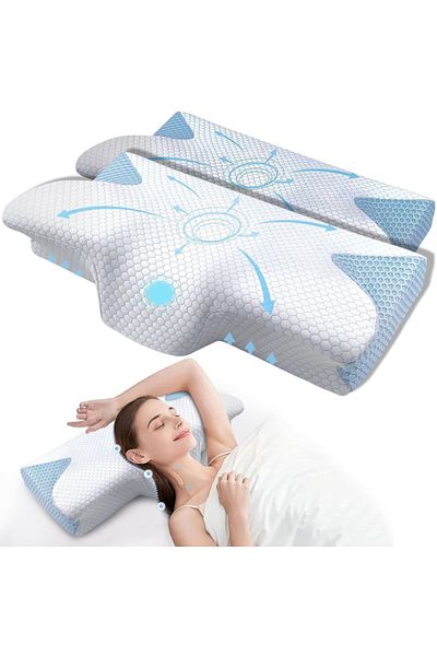 Linomag Set of 2 Orthopedic Memory Foam Pillows Linomag® – Cervical Support, Ergonomic, White/Light Blue