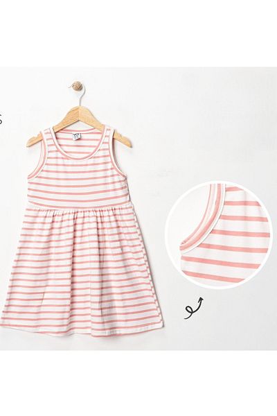 Uğur bebe Girls' Striped Combed Cotton Dress Stretchy Fleeciness Ecru and Dusty Rose Color Gilet Dress