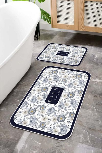 Argento Machine Washable Non-Slip Base Blue Flower Patterned 2-Piece Bath Mat Set 60X90+40X60