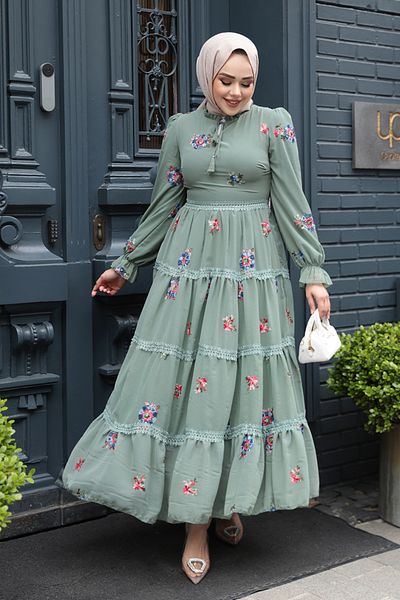 Neva Style Floral Patterned Green Hijab Dress 32816Cy