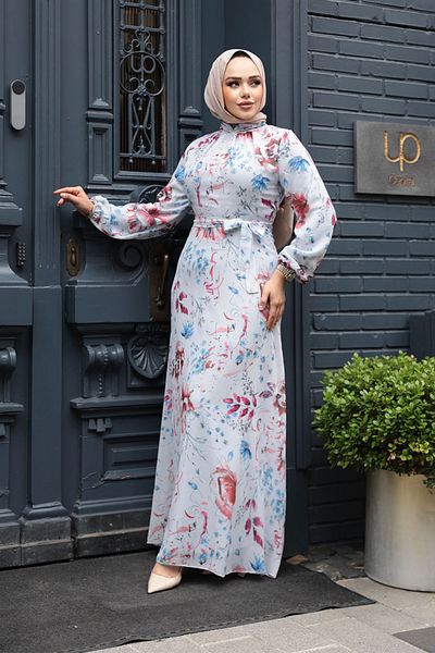 Neva Style Rochie hijab gri cu modele florale 27963GR
