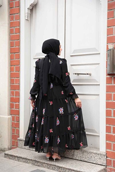 Neva Style Rochie neagră cu hijab cu imprimeu floral 32816S