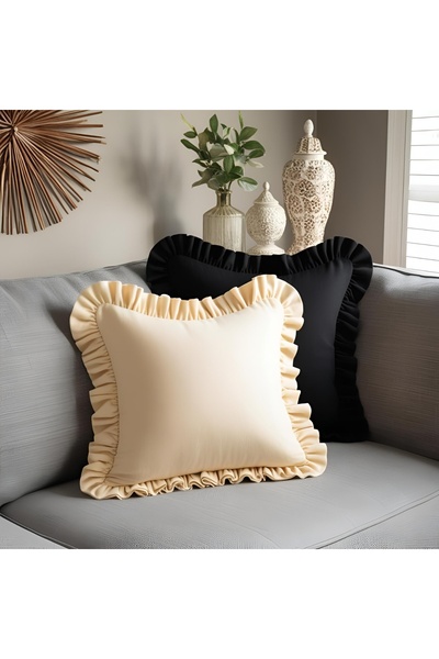 Bc Home 2-Piece Cream Color - Black Country Ruffled Square Throw Pillow Cover...