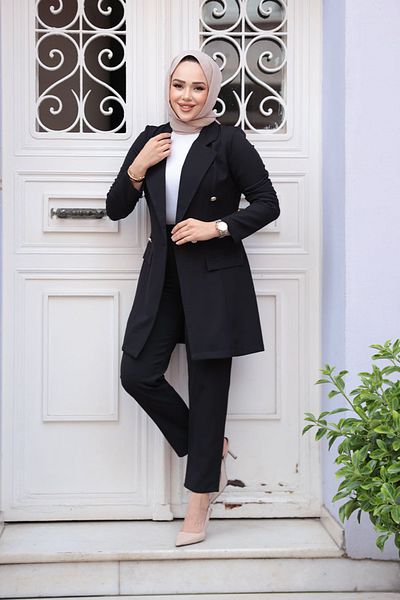 N.S NEVA STYLE Μαύρο Hijab Διπλό Σετ με Μπλέιζερ Μπουφάν 5994s