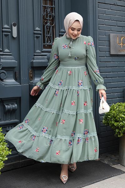 Neva Style Φόρεμα με λουλουδάτο μοτίβο Çağla Green Hijab 32816CY