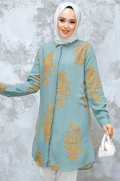 Neva Style تونيك حجاب منقوش باللون الأخضر - 11720CY