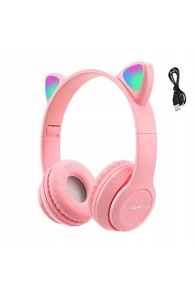 OEM Bluetooth headphones RGB LED, cat ears model, USB charging, memory card slot, pink