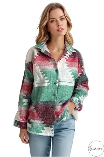 Cassime Women's Green Red Ethnic Patterned Melton Lumberjack Shirt with Buttons