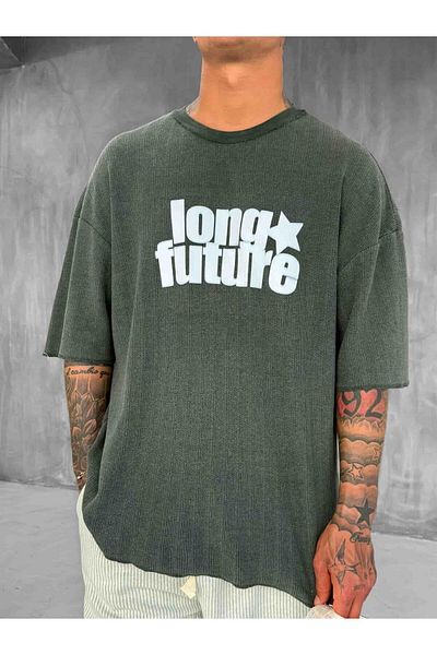 ablukaonline Ανδρικό πλενόμενο ραβδωτό ύφασμα Oversize T-Shirt Χακί Πράσινο