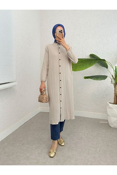 Modamorfo Long Crinkle Tunic with Buttons and Elastic Sleeves - Stone