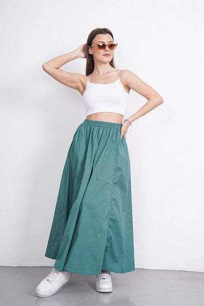 Gülmude Long Elastic Waist Skirt with Flannel Pockets, Non-See-Through Poplin Fabric Seasonal Skirt (90cm)