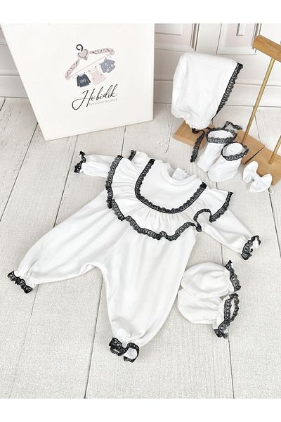 Hobidik White Jumpsuit - Black Guipure Detailed