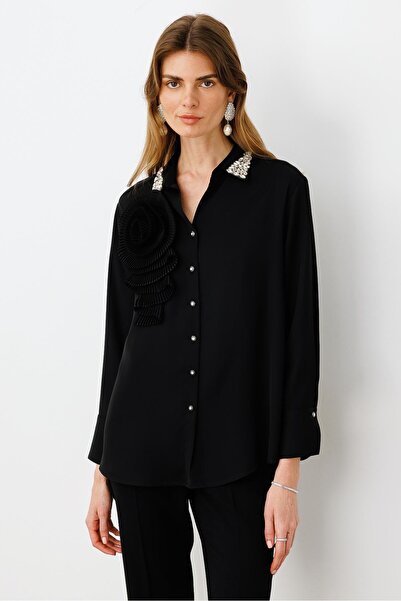 Moda İlgi Modailgi Yakası Taş Detaylı Pliseli Rahat Kesim Gömlek Siyah