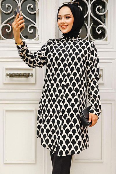 Neva Style تونيك حجاب أسود منقوش 11686S