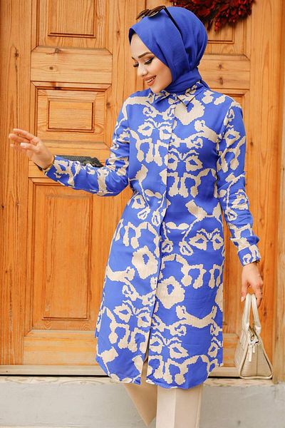 Neva Style Patterned Sax Blue Hijab Tunic 11685SX