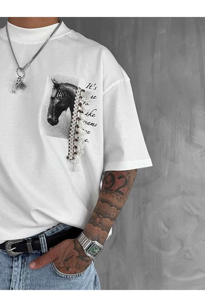 ablukaonline Ανδρικό μπλουζάκι με στάμπα και φούντες Oversize Λευκό