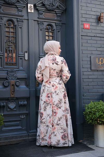 Neva Style Beige Hijab Dress, Flower Pattern 27992Bej Model