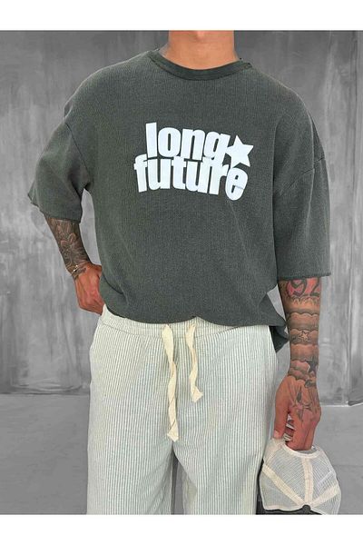 ablukaonline Ανδρικό πλενόμενο ραβδωτό ύφασμα Oversize T-Shirt Χακί Πράσινο