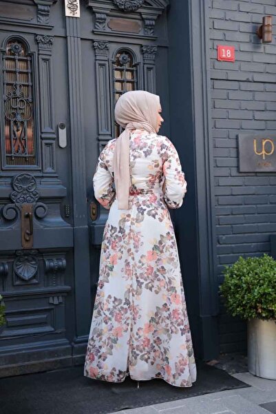 Neva Style Κρεμ Φόρεμα Hijab με Floral Pattern 279902KR