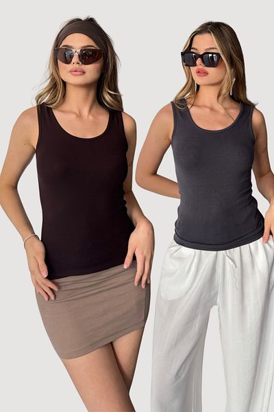 LACHT Γυναικεία μπλούζα 2 Pack με στρογγυλή λαιμόκοψη με χοντρό λουράκι καφέ Anthracite Buzzy Modal υφασμάτινη μπλούζα