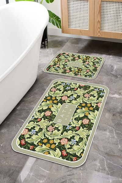 Argento Machine Washable Non-Slip Base Stain Resistant Flower Patterned 2-Piece Bath Mat Set 60X90+40X60