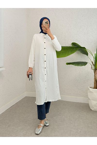 Modamorfo Long Crinkle Tunic with Buttons and Elastic Sleeves - White