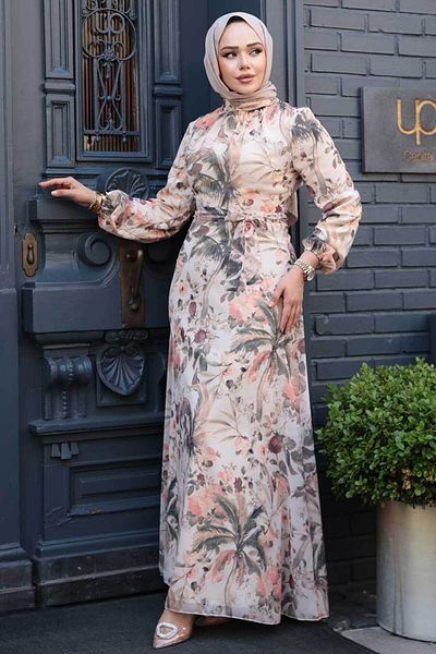 Neva Style Beige Hijab Dress with Flower Pattern 27988 Model