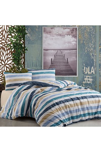 Homelux Set husa pilota 200x220 cm + 2 fete perna 50x70 cm, Acasa, 100% bumbac, alb/albastru/galben