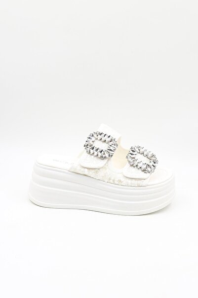 Guja Ortopedik Dolgu Topuklu Taşlı Dantelli Şık Terlik GJ405 Beyaz