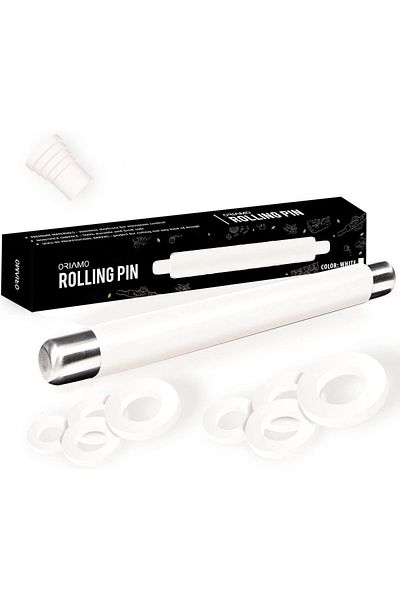 Oriamo Dough Rolling Pin, Silicone/stainless Steel, White/silver, 34 Cm
