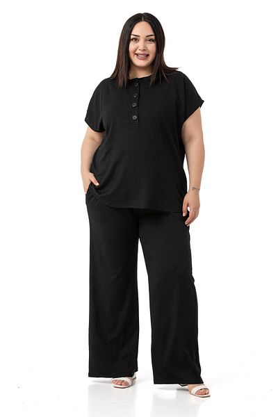 DISENTIS MODEST Plus Size Low Sleeve Blouse Pants Black Double Suit